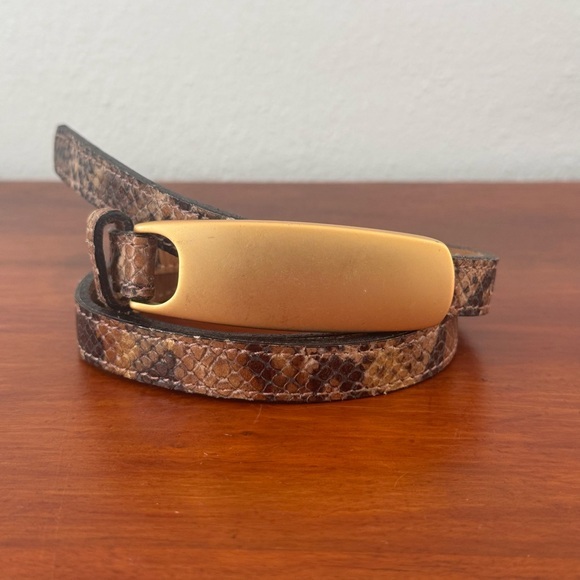 Nbel Accessories - Vintage Nbel Leather Brown Snakeskin Belt with Gold Buckle